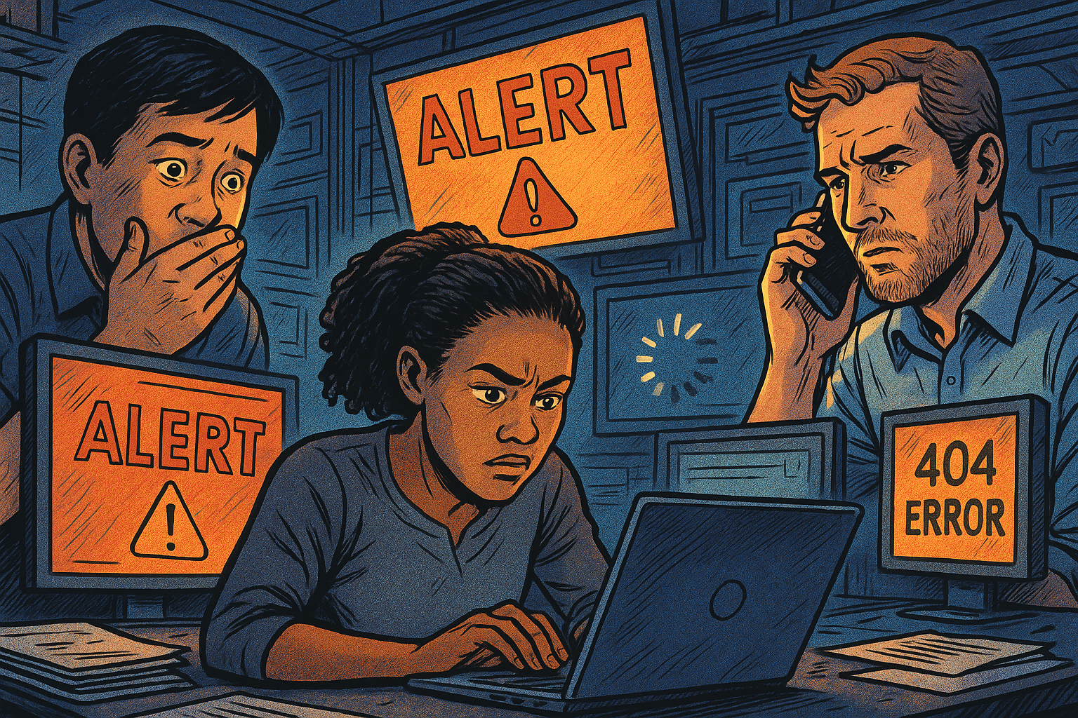 Three diverse streaming operations professionals respond to a system outage in a control room. A woman focuses intensely on her laptop while a worried man covers his mouth in concern and another man speaks urgently on the phone. Surrounding monitors flash with warnings like ‘ALERT,’ ‘404 ERROR,’ and buffering symbols.