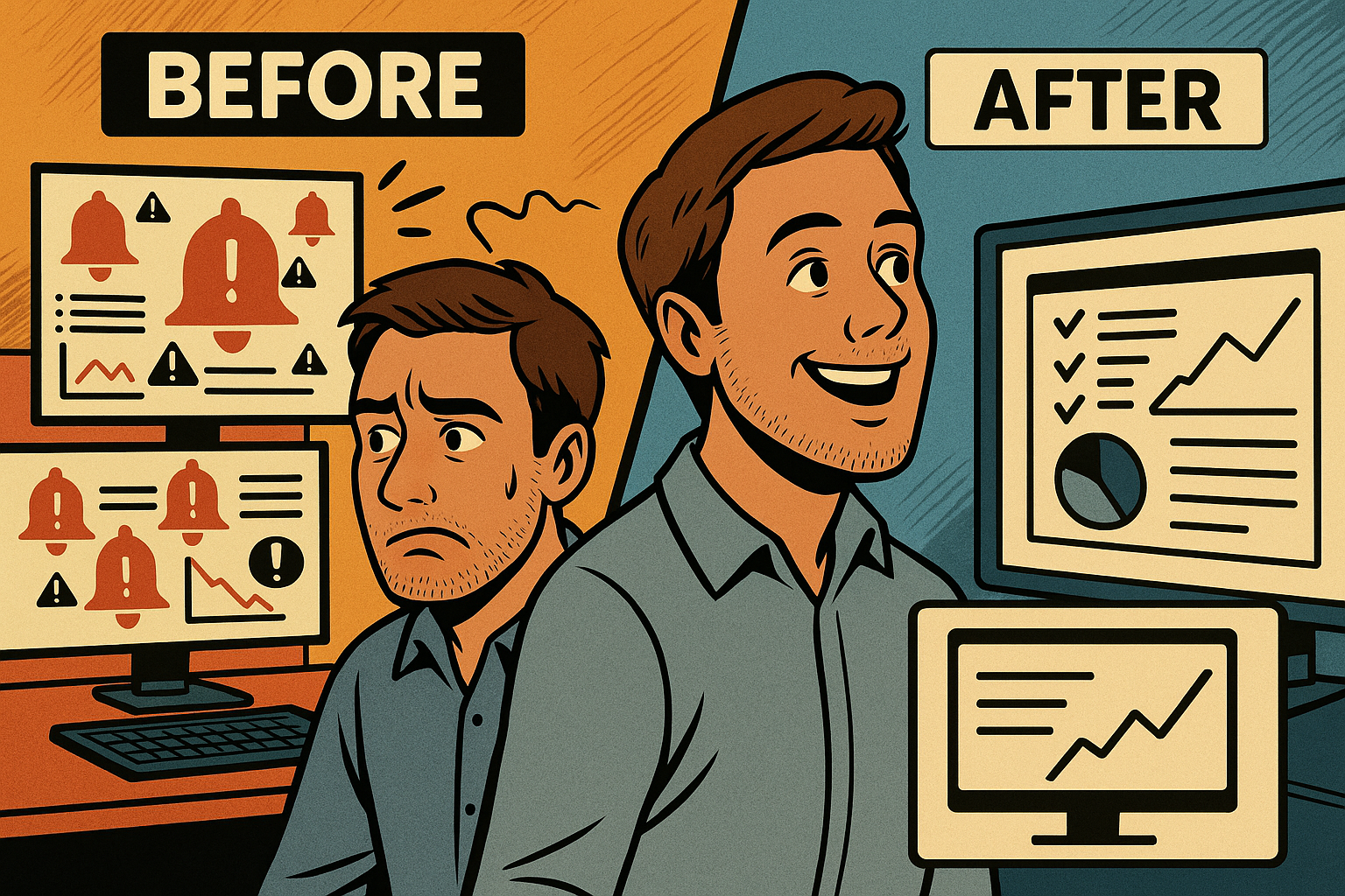A two-panel comic-style illustration shows a streaming operator split between two environments. On the left labeled ‘BEFORE,’ he looks anxious in front of cluttered dashboards overloaded with alert icons and downward metrics. On the right labeled ‘AFTER,’ he smiles confidently while facing clean, unified dashboards showing checklists, pie charts, and upward trends.