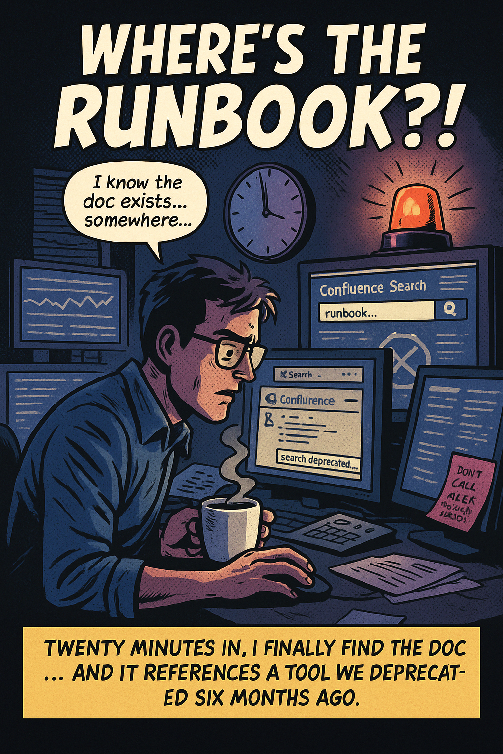 An overwhelmed streaming operator at 3 a.m. searches through outdated documentation as alarms blare behind them.