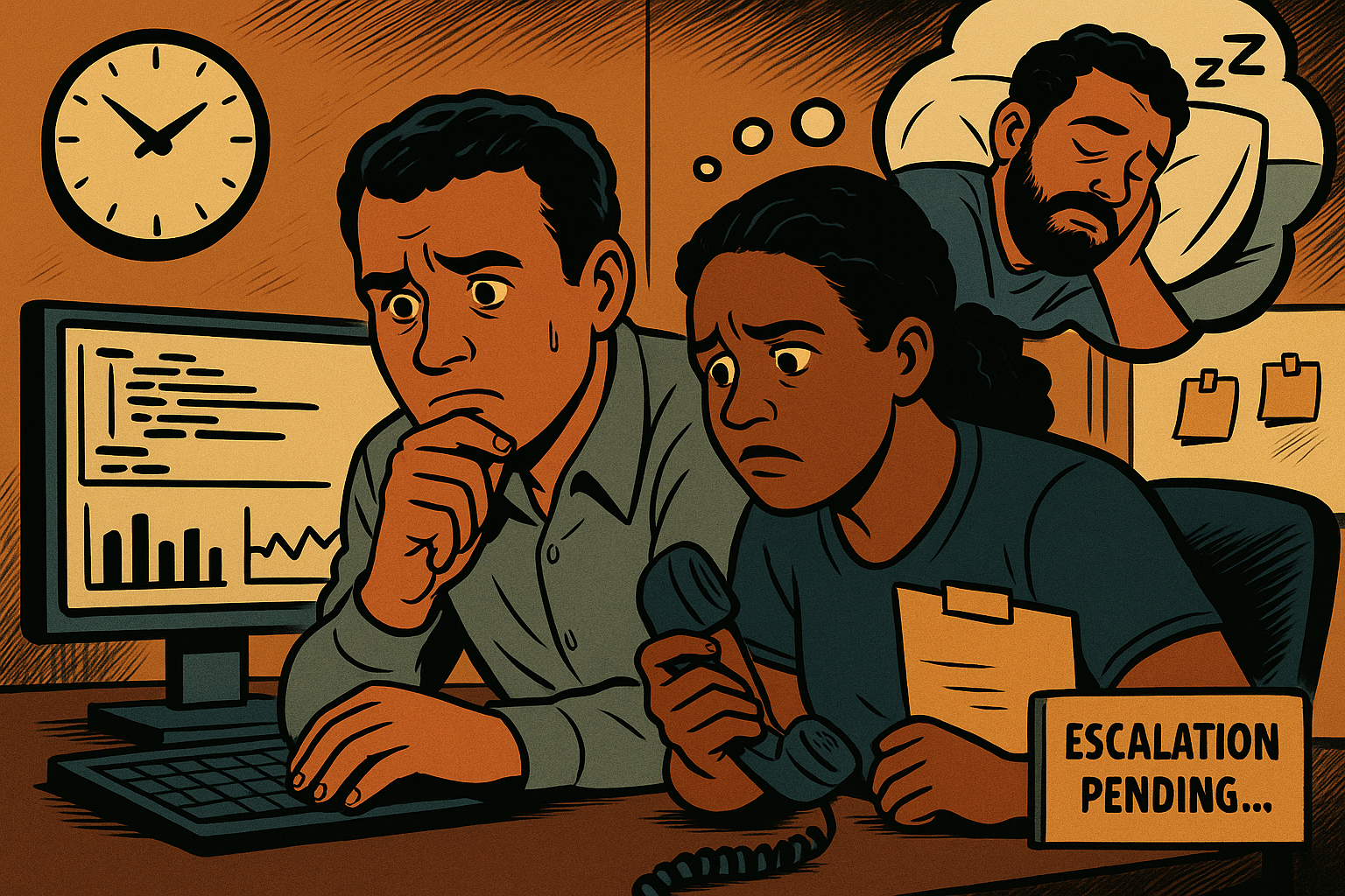 A man and a woman in a control room look overwhelmed while examining confusing system dashboards. The man appears deep in thought while the woman holds a phone and a clipboard. A thought bubble shows an engineer peacefully asleep, representing the missing expert. A desk sign reads: ‘Escalation pending…’