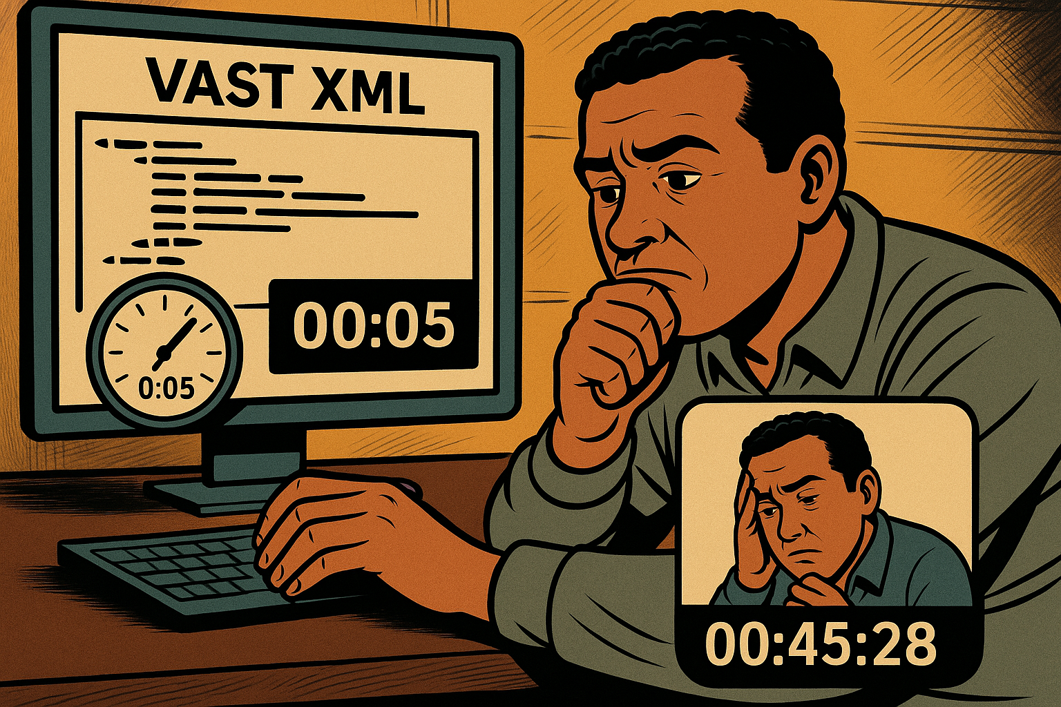 A man sits at a desk, focused on a monitor displaying VAST XML and a countdown labeled ‘00:05’. In a corner inset, the same man—now visibly more tired—rests his head on one hand, with a timer reading ‘00:45:28’, emphasizing how long the task dragged on.