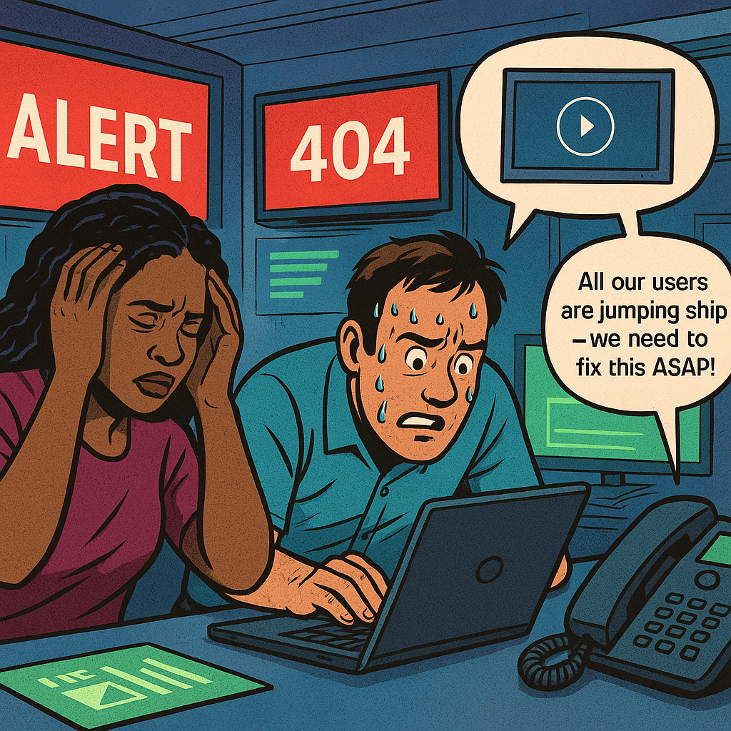 A woman holds her head in frustration next to a sweating man working urgently on a laptop in a control room. Behind them, screens flash ‘ALERT,’ ‘404,’ and green ‘OK’ indicators. A speakerphone displays a speech bubble with a video player and a tier 1 support voice saying: ‘All our users are jumping ship—we need to fix this ASAP!’