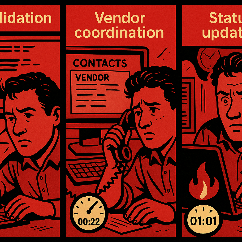 A comic-style triptych shows a streaming operator performing three tasks: eyeballing XML, waiting for a vendor to pick up the phone, and sending status updates while juggling alerts. Each panel has a timer increasing from 00:00 to 01:01, emphasizing burnout from repetitive work.
