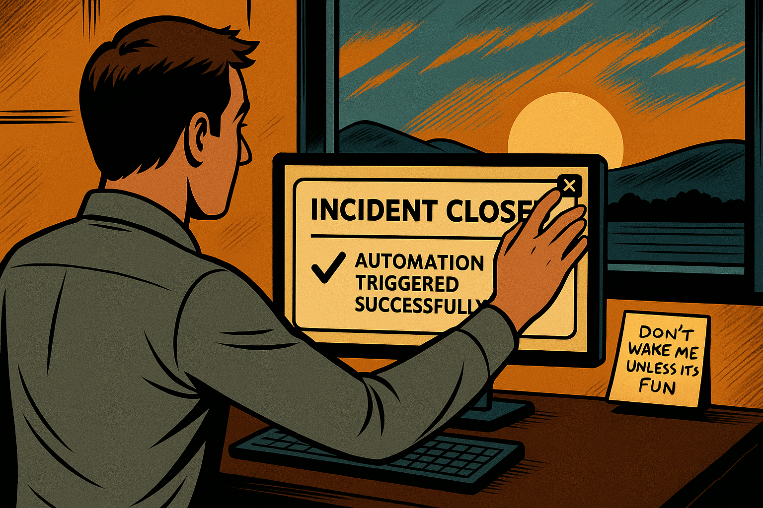 A comic-style illustration shows a calm IT operator closing an alert window on their monitor. The screen displays a message: ‘Incident Closed – Automation Triggered Successfully.’ Outside the window, a soft sunrise glows. A sticky note on the desk reads: ‘Don’t wake me unless it’s fun.’